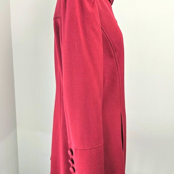 Tahari Crimson Red Ruffle Neck Military Button Coat Size 8 - Picture 5 of 13